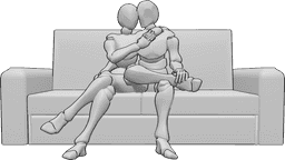 Referência de poses- Pose de sofá sentado a acariciar - A mulher e o homem estão sentados no sofá a acariciar-se e a abraçar-se