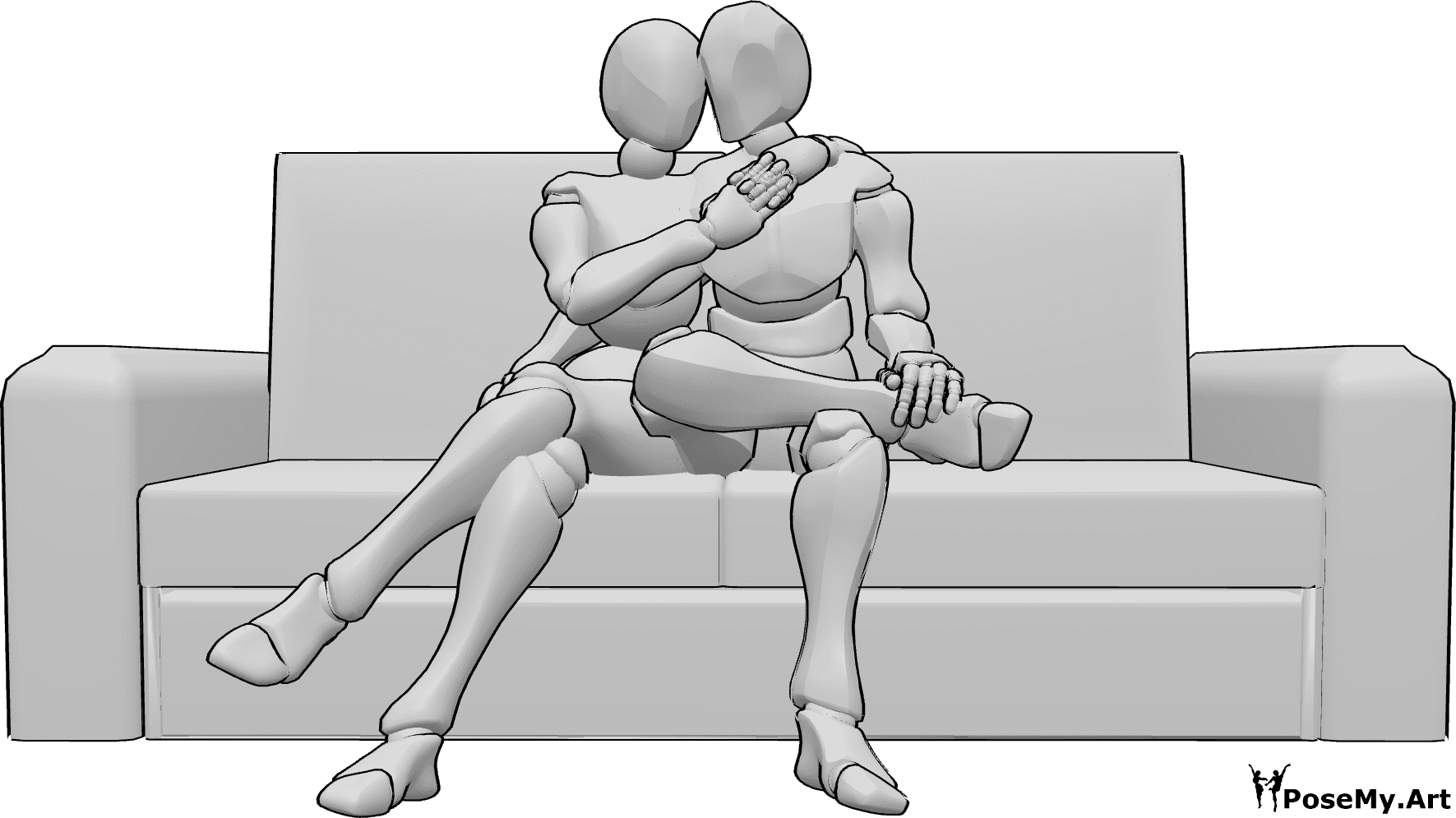 Referência de poses- Pose de sofá sentado a acariciar - A mulher e o homem estão sentados no sofá a acariciar-se e a abraçar-se