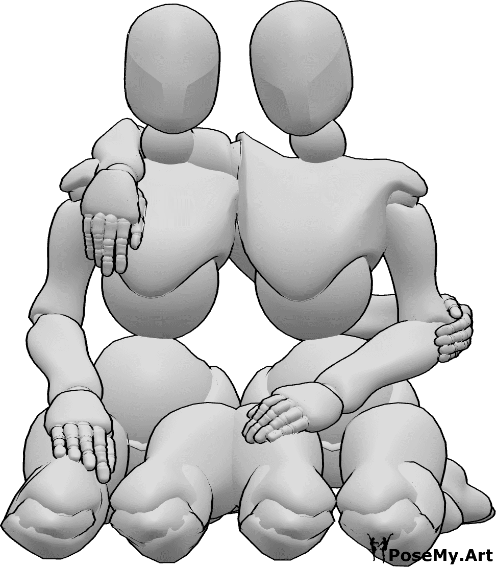 Posen-Referenz- Weibchen kniend in Kuschelpose - Zwei Frauen knien und kuscheln, umarmen sich und schauen nach vorne