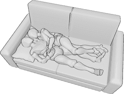 Referência de poses- Pose de deitar e acariciar - A mulher e o homem estão deitados no sofá e abraçam-se um ao outro