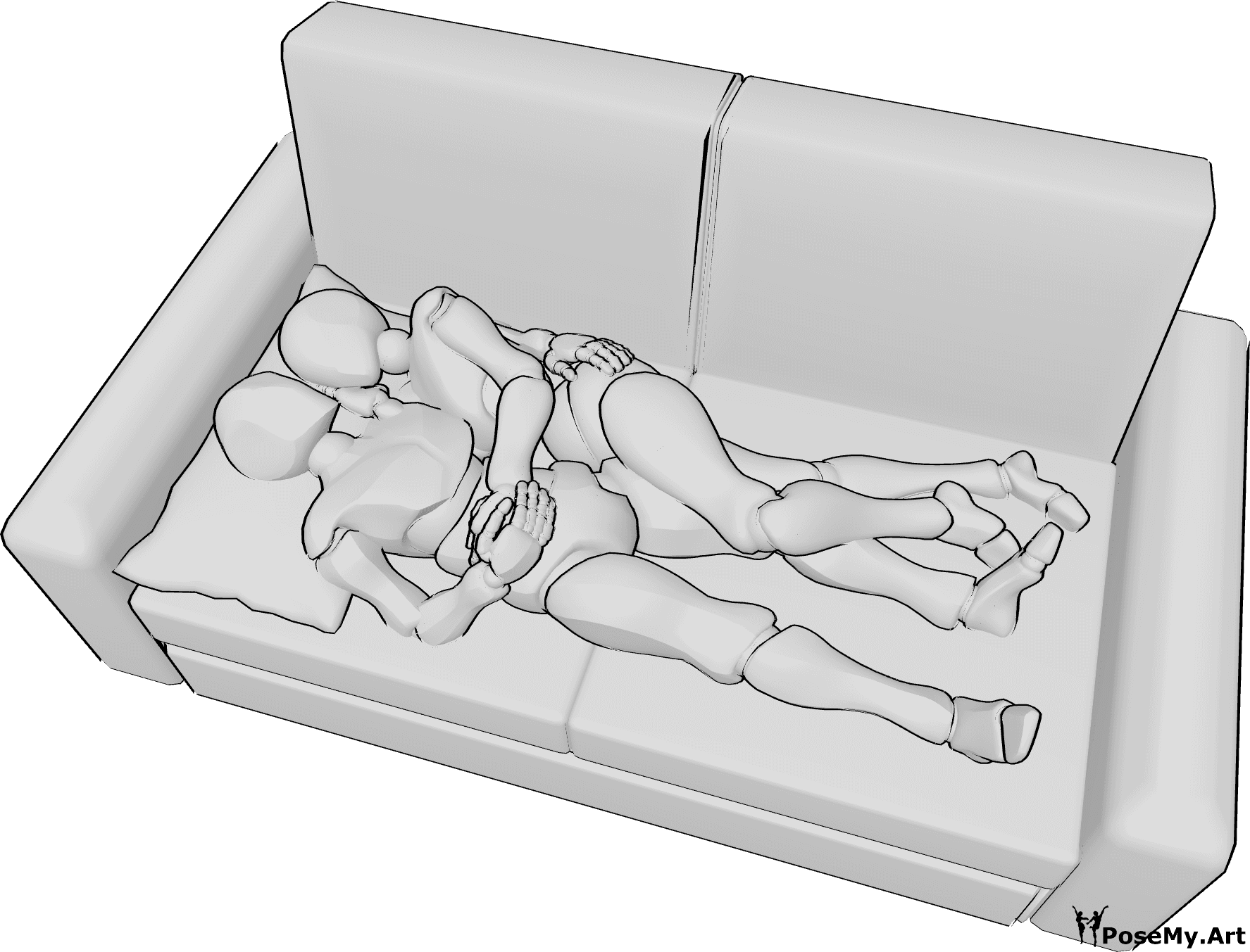 Riferimento alle pose- Posizione sdraiata di coccole - La donna e l'uomo sono sdraiati sul divano e si coccolano, abbracciati l'uno all'altra