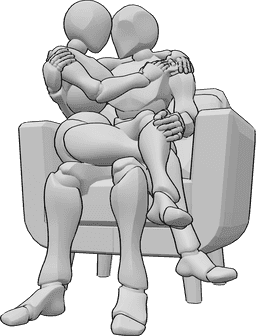 Référence des poses- Femme homme assis en train de se câliner - Une femme et un homme sont assis dans un fauteuil, la femme est assise sur les genoux de l'homme et ils se font des câlins.