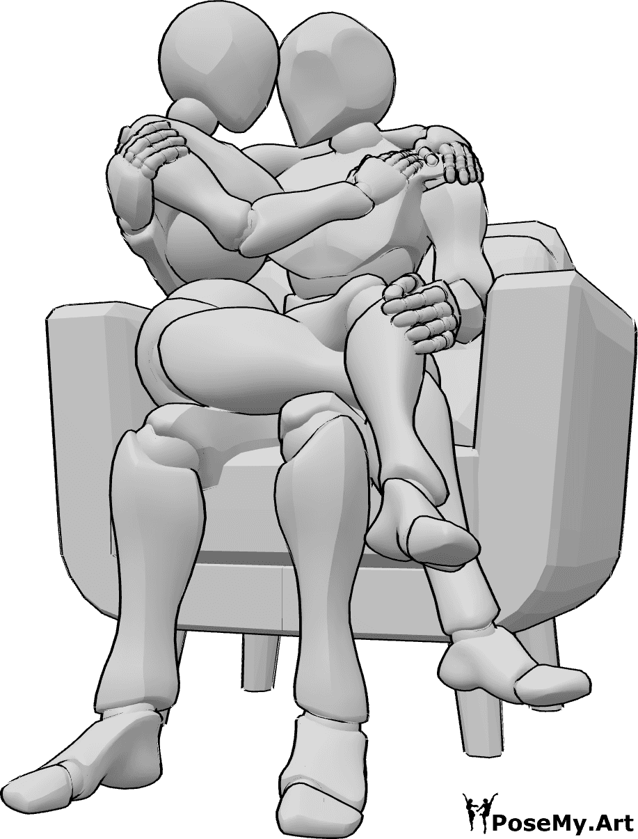 Riferimento alle pose- Femmina maschio seduto in posa di coccole - La donna e l'uomo sono seduti in poltrona, la donna è seduta in grembo all'uomo e si fanno le coccole.