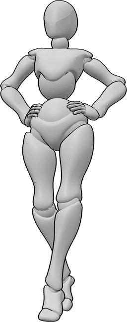 Posen-Referenz- Laufsteg-Geh-Pose - Weiblich ist mit ihren Händen auf den Hüften, Mode-Laufsteg zu Fuß Pose