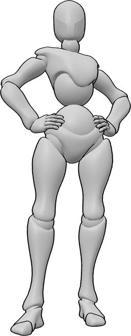 Référence des poses- Pose debout avec les mains et les hanches - La femme est debout, les mains sur les hanches et regarde légèrement vers la droite.