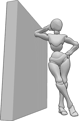 Pose Reference- Female leaning pose - Female is leaning against the wall, posing with crossed legs and left hand on hip