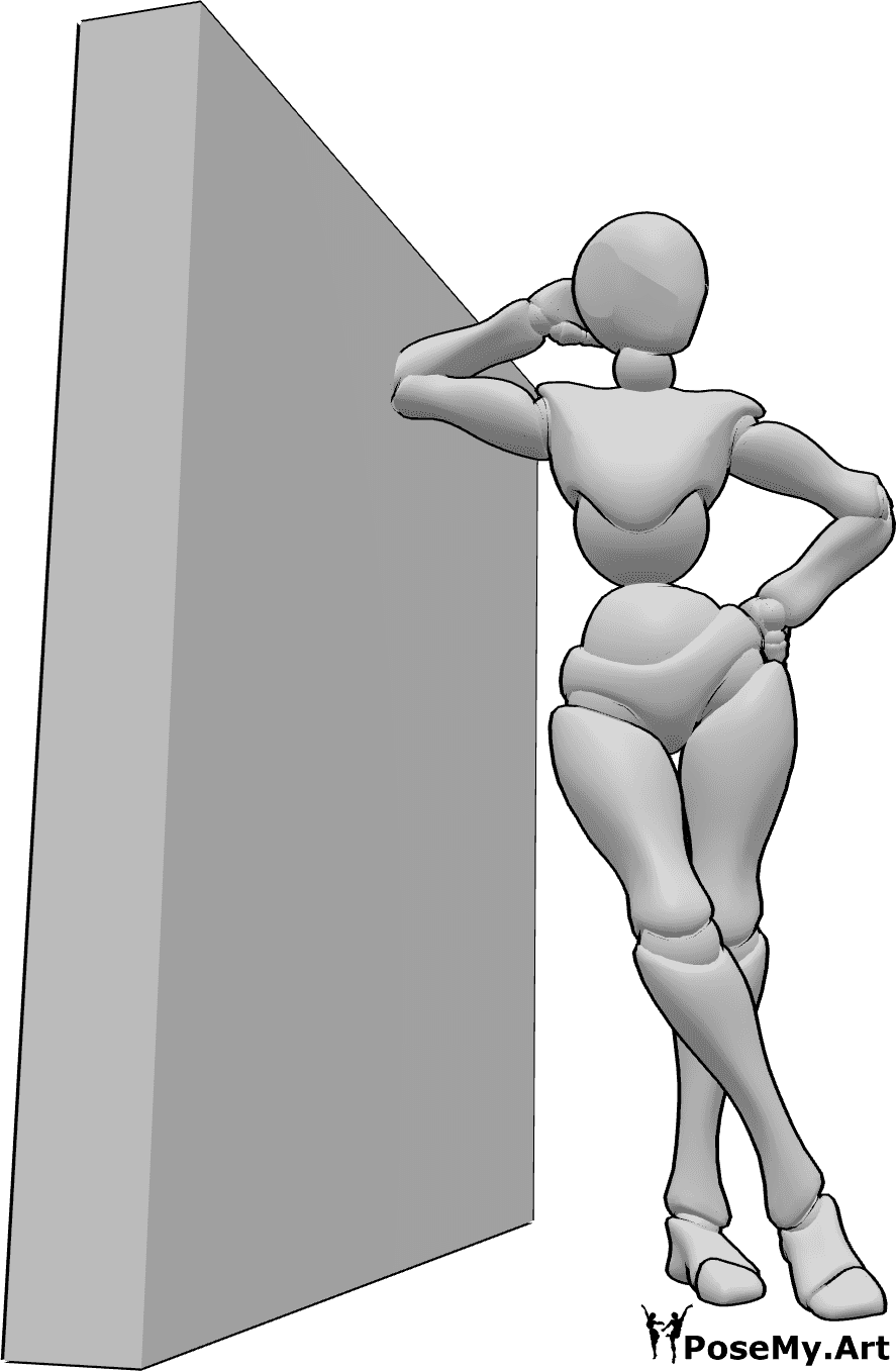 Riferimento alle pose- Posa femminile appoggiata - Donna appoggiata al muro, in posa con le gambe incrociate e la mano sinistra sull'anca
