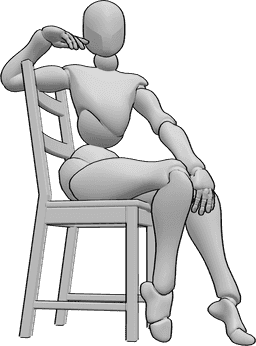 Posen-Referenz- Elegante Sitzhaltung - Eine Frau sitzt auf einem Stuhl und posiert elegant, wobei sie ihr Knie mit der linken Hand hält.