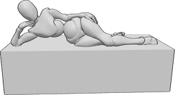 Referencia de poses- Postura tumbada femenina - Mujer tumbada y posando elegantemente, apoyada en su mano derecha.