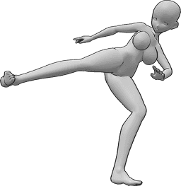 Referencia de poses- Postura de patada lateral femenina - Anime femenino está haciendo una patada lateral con su pierna derecha