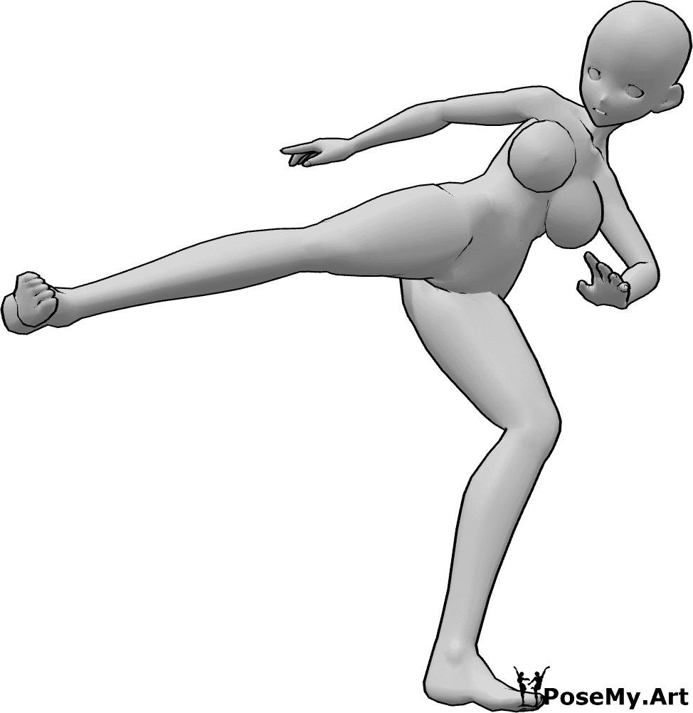 Riferimento alle pose- Posizione di calcio laterale femminile - La donna antropomorfa esegue un calcio laterale con la gamba destra.