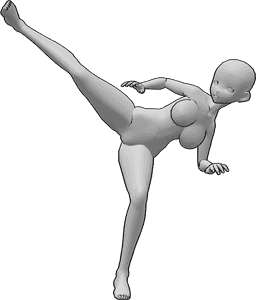 Référence des poses- Pose du coup de pied latéral haut - La femme anime effectue un coup de pied latéral haut avec sa jambe droite.