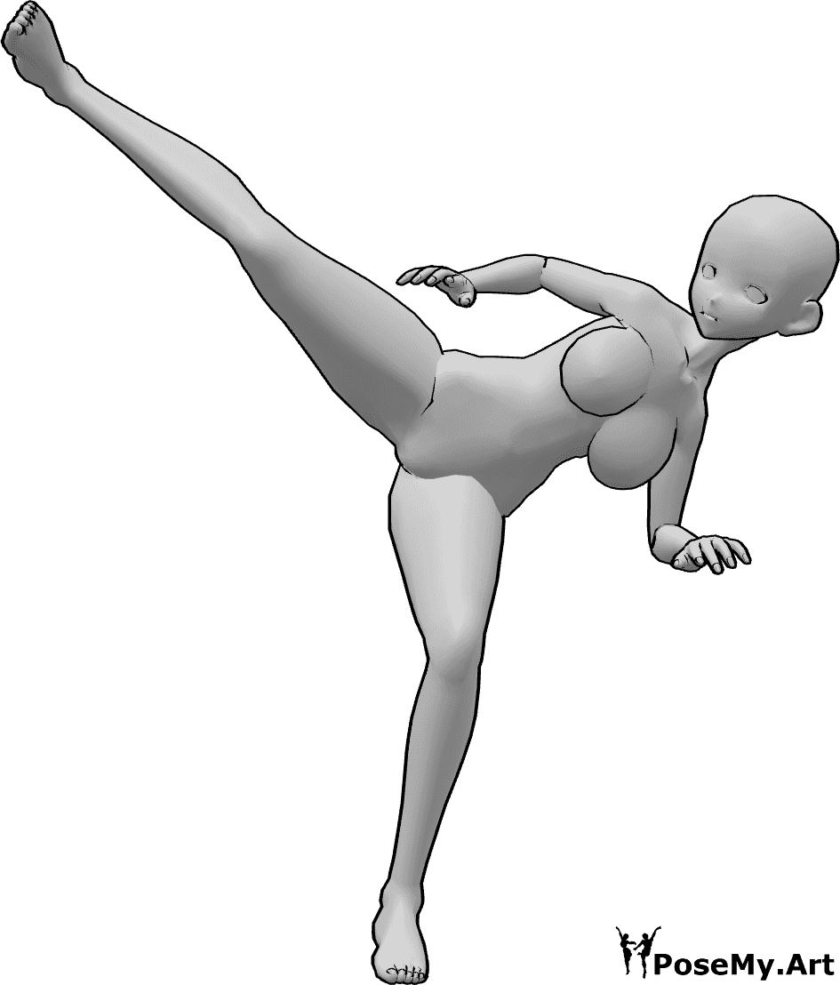 Référence des poses- Pose du coup de pied latéral haut - La femme anime effectue un coup de pied latéral haut avec sa jambe droite.