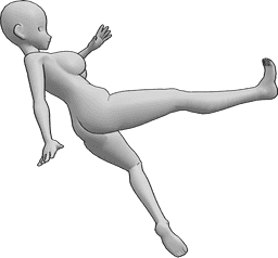 Referência de poses- Pose do pontapé giratório - A mulher de anime está a dar um pontapé giratório no ar com a perna direita