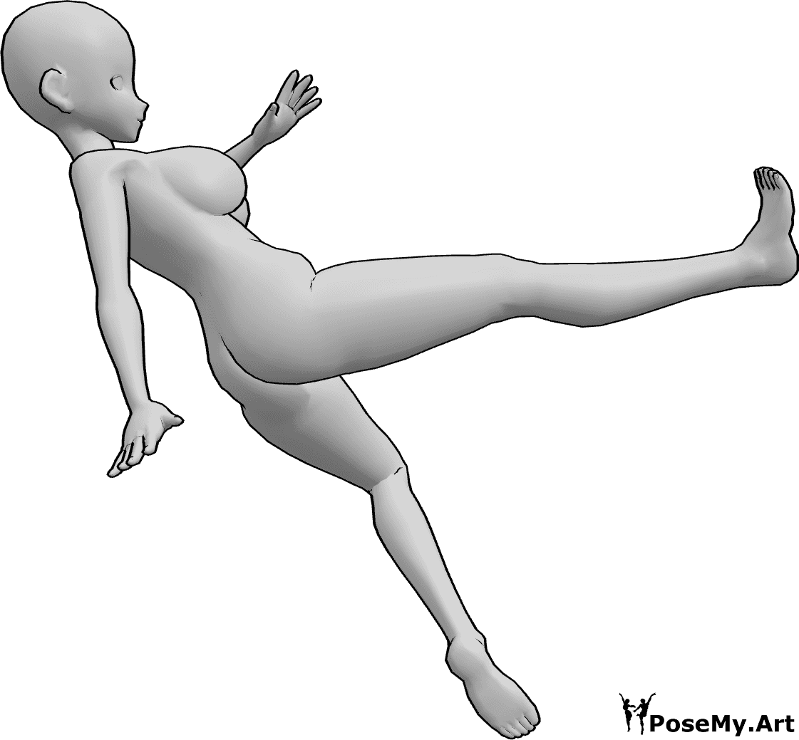 Riferimento alle pose- Posa del calcio rotante - La donna antropomorfa esegue un calcio rotante in aria con la gamba destra.