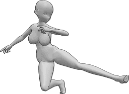 Referencia de poses- Postura de patada agachada - La hembra anime está agachada y da patadas con la pierna izquierda