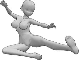 Referência de poses- Pose feminina de pontapé no ar - Mulher de anime dá pontapés laterais no ar, pose de pontapé dinâmica de anime