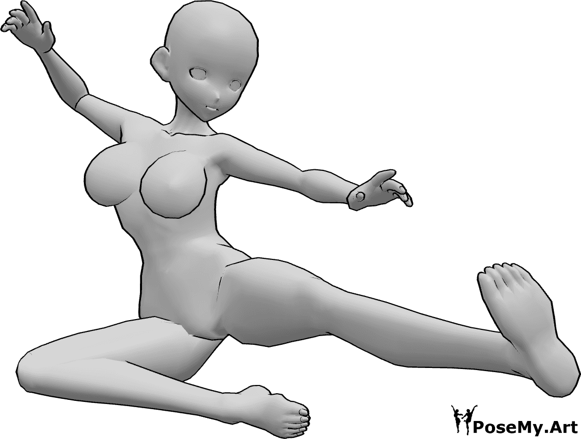 Referencia de poses- Postura de patada aérea femenina - Anime femenino es lateral patadas en el aire, anime dinámico patadas pose