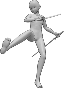 Référence des poses- Tenir la pose de coup de pied du katana - L'homme animé tient des katanas dans ses deux mains et donne des coups de pied avec sa jambe droite.