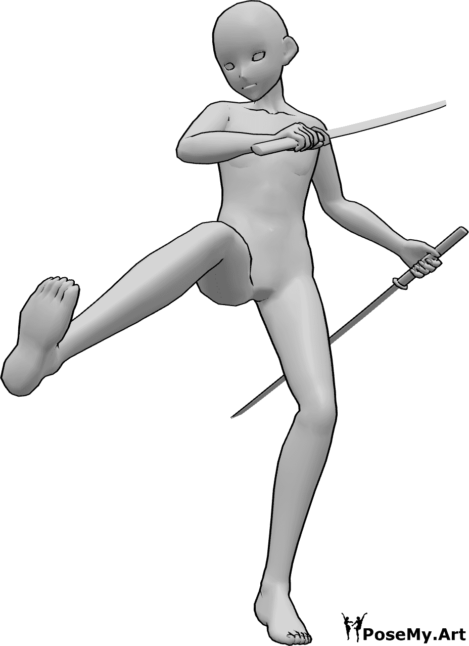 Référence des poses- Tenir la pose de coup de pied du katana - L'homme animé tient des katanas dans ses deux mains et donne des coups de pied avec sa jambe droite.