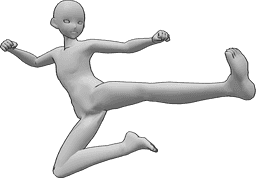 Referência de poses- Pose masculina de pontapé no ar - Homem de anime dá pontapés laterais no ar, pose de pontapé dinâmica de anime