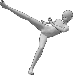 Référence des poses- Pose masculine de coup de pied haut - L'homme anime effectue un coup de pied latéral haut avec sa jambe droite.