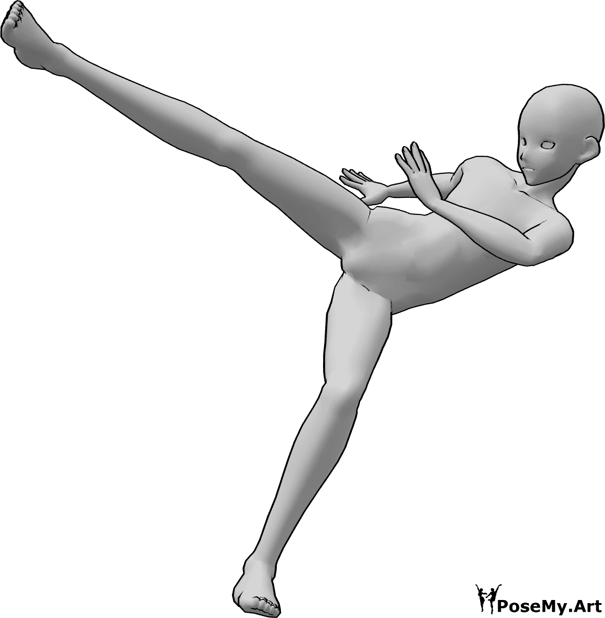 Pose Reference- Male high kicking pose - Anime male is doing a high side kick with his right leg