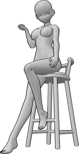 Référence des poses- Anime sexy assis - Une femme anime est assise sur un tabouret de bar et pose de manière sexy, anime pose sexy
