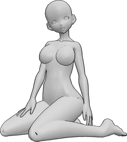 Referencia de poses- Anime sexy de rodillas pose - Mujer anime está arrodillada y posando sexy, apoyando su mano derecha en el muslo