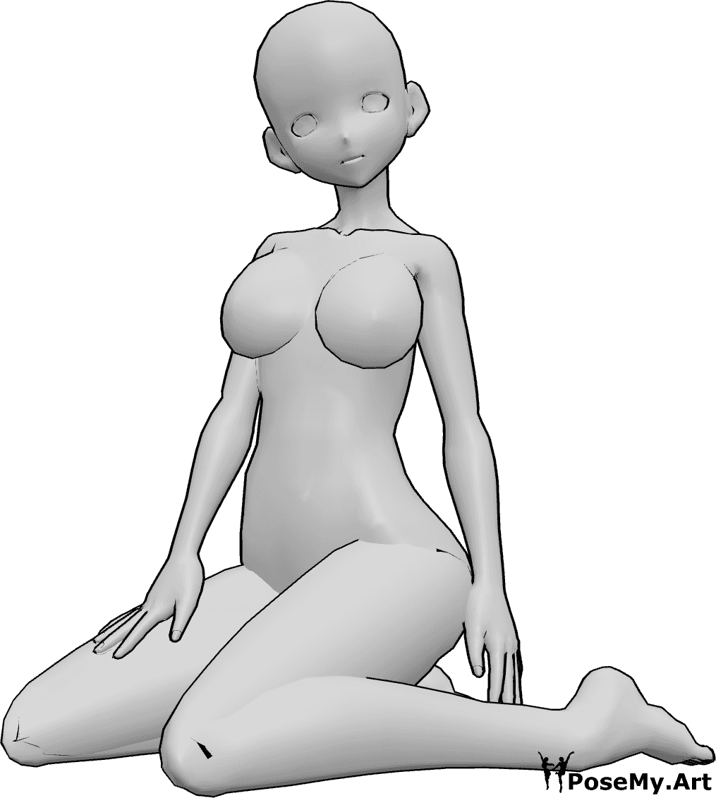 Référence des poses- Anime sexy à genoux - Une femme animée est agenouillée et pose de manière sexy, posant sa main droite sur sa cuisse.