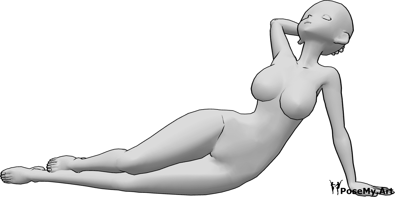 Référence des poses- Pose sexy d'une femme d'animation - Une femme animée est allongée et pose de manière sexy, s'appuyant sur sa main gauche et regardant vers le haut.