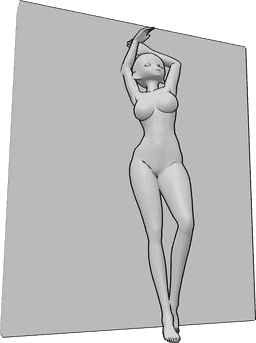 Referência de poses- Anime sexy em pose inclinada - A mulher anime está encostada à parede e faz uma pose sexy, olhando para cima