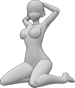 Referencia de poses- Sexy pose de rodillas - Mujer anime está arrodillada, posando sexy, levantando las manos y mirando hacia delante
