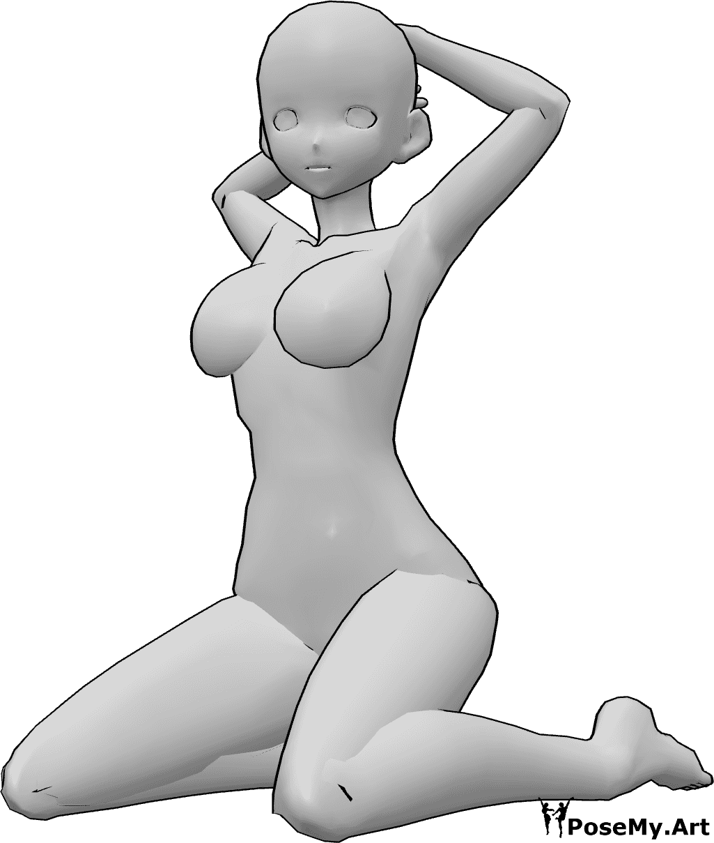 Referência de poses- Pose sexy ajoelhada - Mulher anime ajoelhada, com uma pose sexy, a levantar as mãos e a olhar para a frente