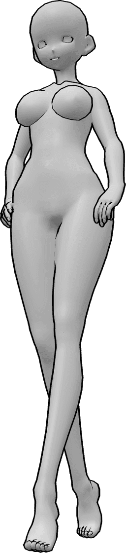 Riferimento alle pose- Anime sexy che camminano in posa - Una donna antropomorfa sta camminando, con le mani sui fianchi e lo sguardo in avanti, in posa sexy.
