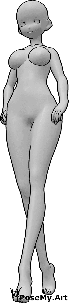 Référence des poses- Anime sexy walking pose - Une femme animée marche, les mains sur les hanches et regardant vers l'avant, posant de manière sexy.