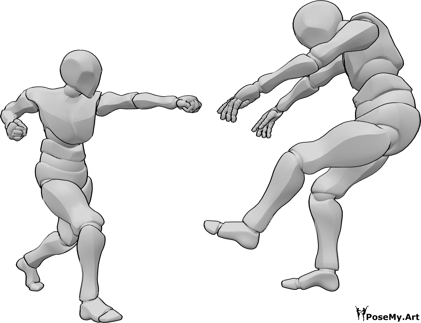 Posen-Referenz- Fallende Pose einnehmen - Ein Mann schlägt auf einen anderen Mann ein, der rückwärts in die Luft fällt