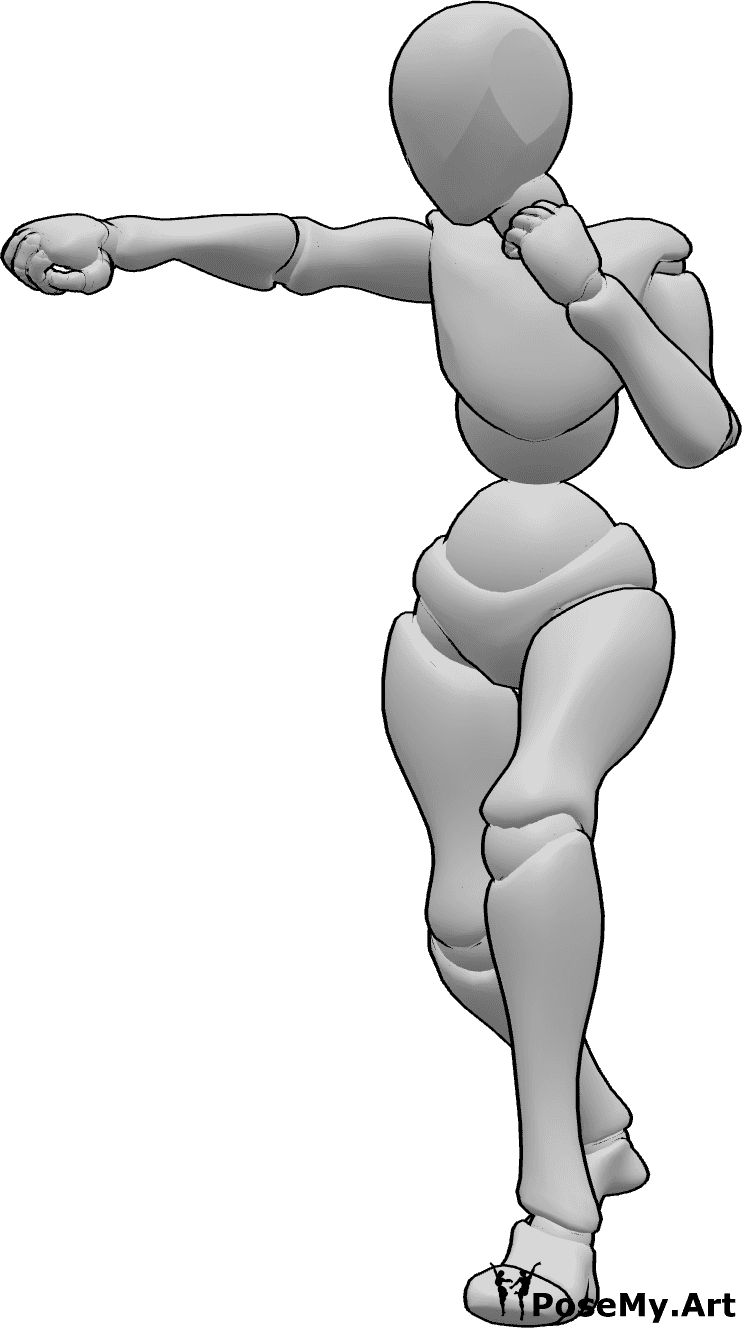Riferimento alle pose- Posa femminile per i colpi di pugilato - La donna è in piedi in posizione di boxe e colpisce con la mano destra.