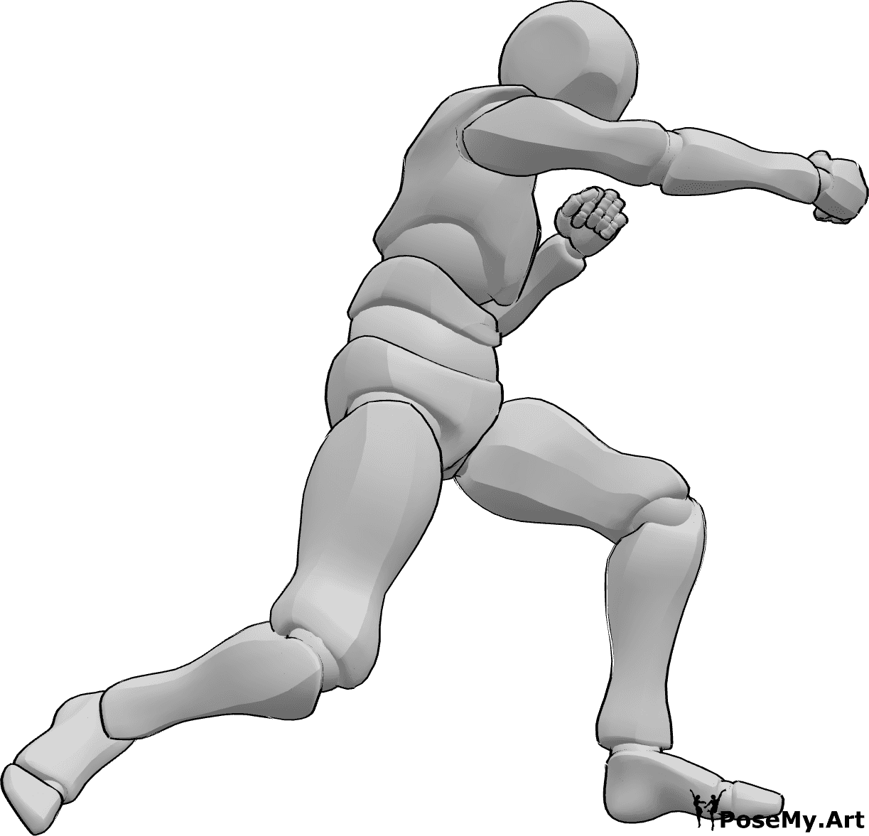 Référence des poses- Homme en train de frapper des coups de boxe - L'homme se tient en position de boxe et frappe avec sa main droite.