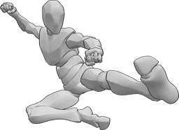 Référence des poses- Pose de frappe sautée - L'homme saute en l'air et s'apprête à donner des coups de pied et de poing, à frapper quelqu'un.