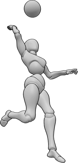 Referencia de poses- Postura de golpeo de voleibol - Mujer a punto de golpear una pelota de voleibol con la mano derecha mientras salta