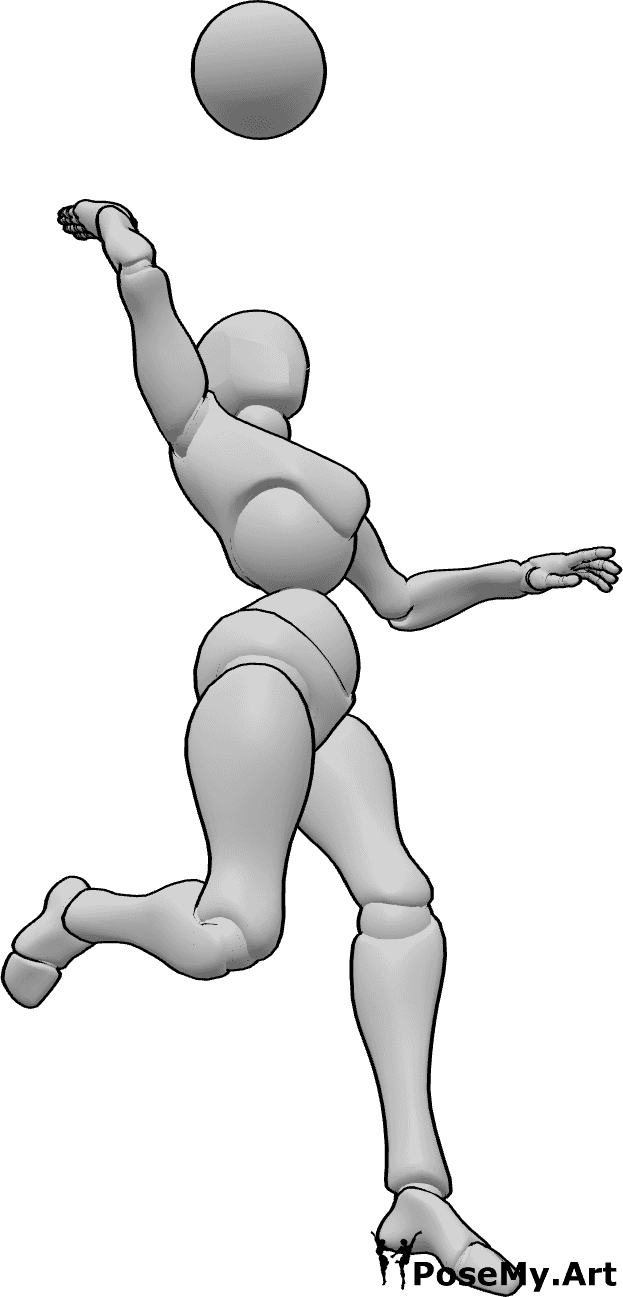 Posen-Referenz- Volleyball-Schlag-Pose - Eine Frau will einen Volleyball mit ihrer rechten Hand schlagen, während sie springt.