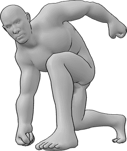 Referencia de poses- Postura en el suelo - El macho bruto está golpeando el suelo, agachado y dando puñetazos con la mano derecha