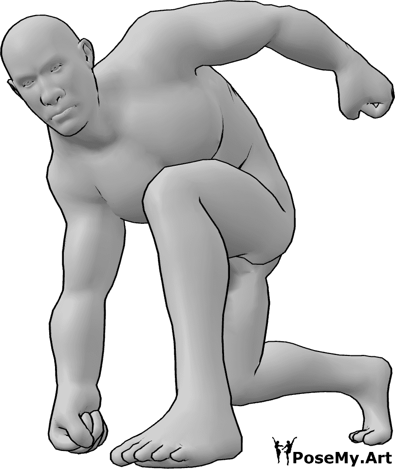 Référence des poses- Pose de sol - Brute mâle frappe le sol, s'accroupit et donne des coups de poing avec sa main droite.