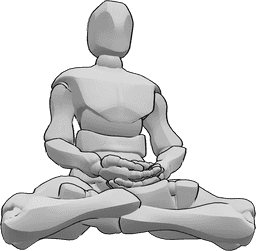 Référence des poses- Posture de méditation flottante - L'homme médite et flotte dans l'air, ses mains sont jointes sur ses genoux.