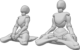 Référence des poses- Deux femmes posant pour la méditation - Deux femmes méditent, assises les genoux au sol et le visage tourné vers le haut.