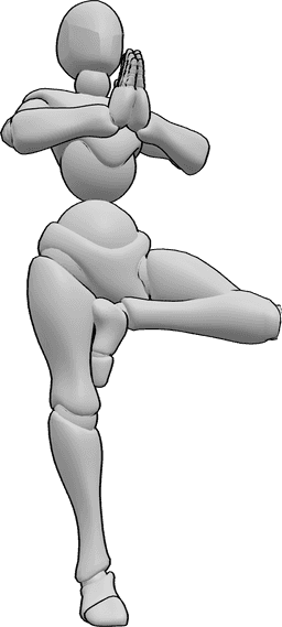 Posen-Referenz- Einbeinige Meditationshaltung - Frau meditiert, steht auf einem Bein und faltet die Hände