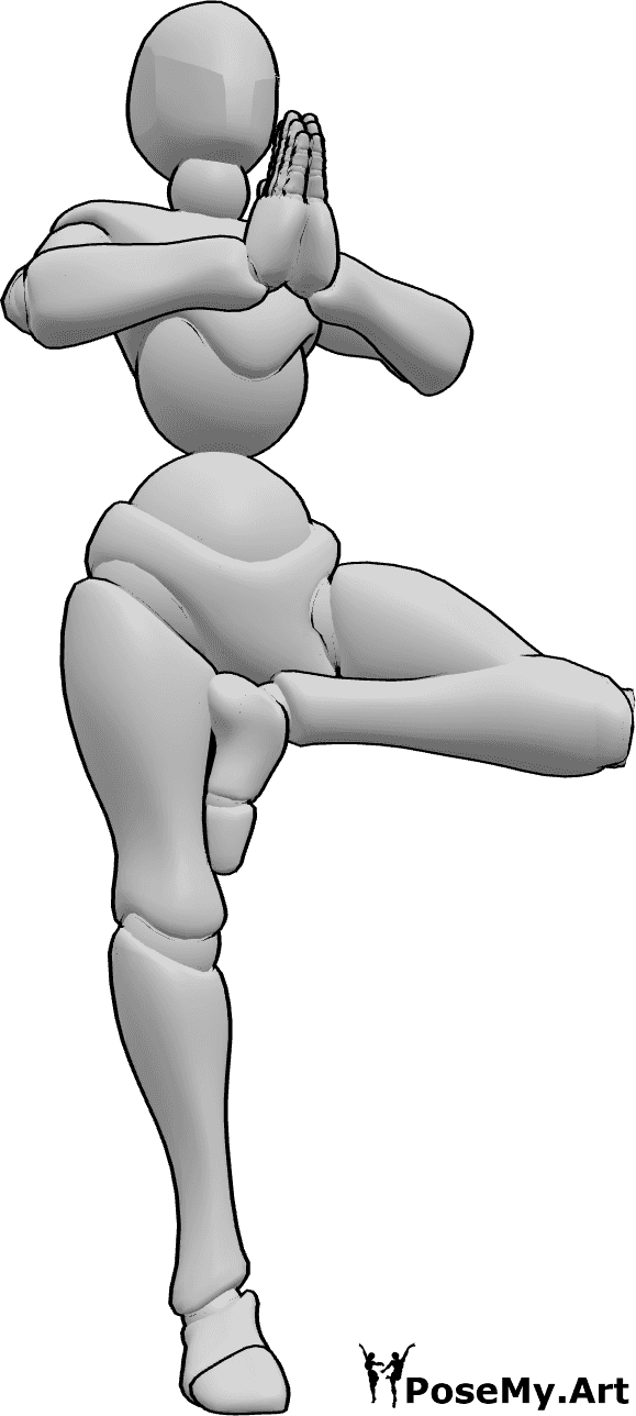 Referência de poses- Pose de meditação com uma perna - Mulher a meditar, de pé sobre uma perna e com as mãos cruzadas