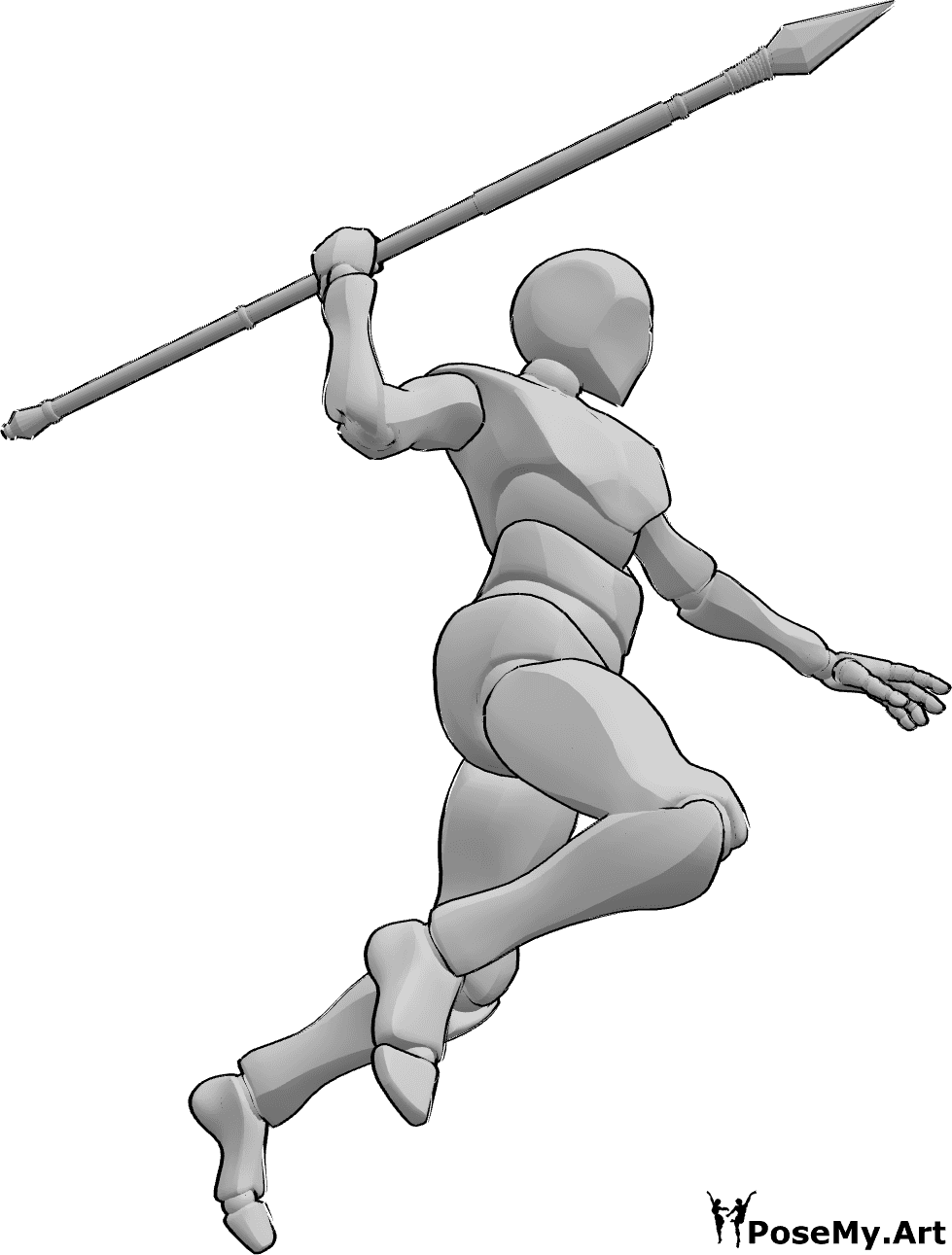 Referência de poses- Pose de salto com lança de arremesso - O macho está a saltar e está prestes a lançar a lança com a mão direita