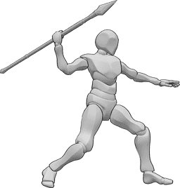 Referência de poses- Pose da lança de arremesso em pé - O homem está de pé e prepara-se para lançar a lança com a mão direita